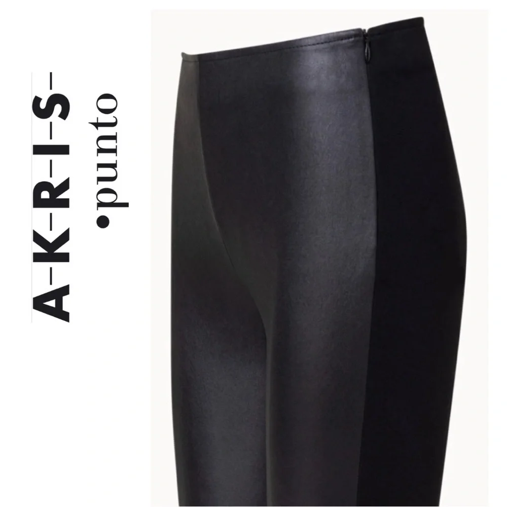 AKRIS Punto Nappa Lamb Fancy Fitted Leather Pants Black Navy 2 stretch Legging